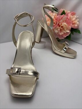 Nine‎ West Metallic Gold Womens 10 Ankle-Strap Block Heel Sandals #455